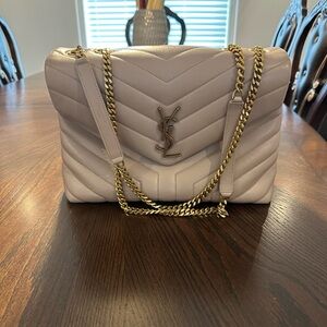 Saint Laurent Y Quilted Monogram Medium Loulou Chain Satchel Nude